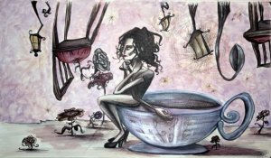 SELF PORTRAIT ON A COFFE CUP - 120x60 cm - acrylics and pen on canvas