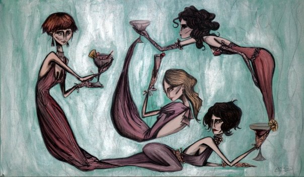 WOMEN WITH DRINKS - 120x60 cm - acrylics and pen on canvas