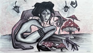 SELF PORTRAIT WITH MUSHROOMS - 120x60 cm - acrylics and pen on canvas