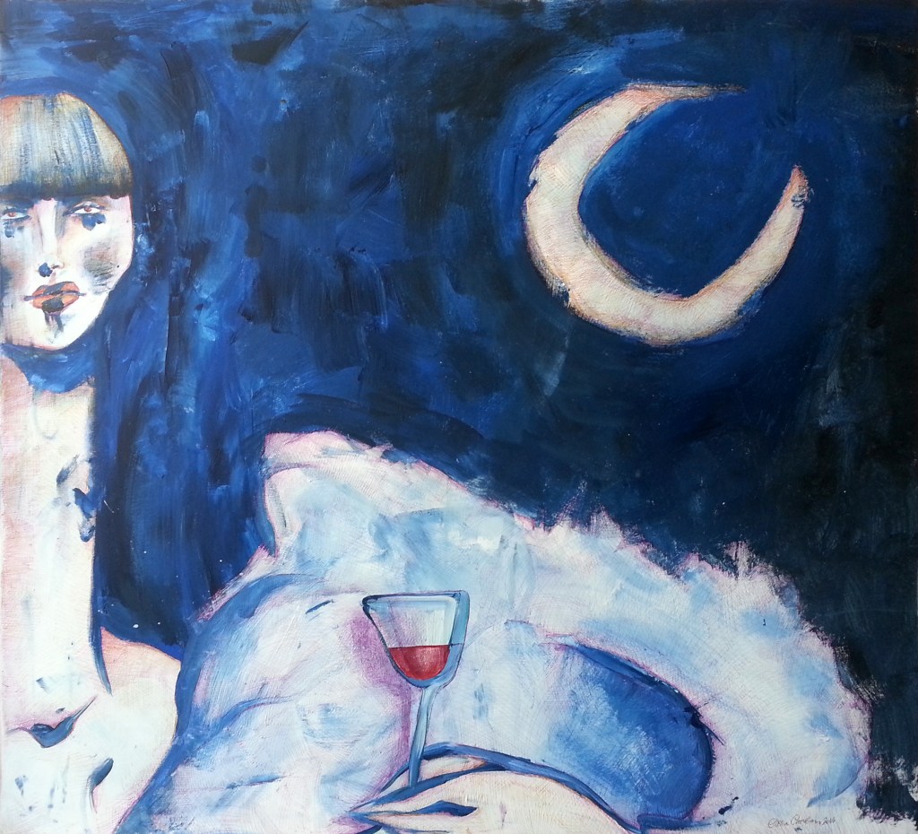 WOMAN WITH A GLASS OF WINE - 110x100 cm - acrylics and pen on canvas