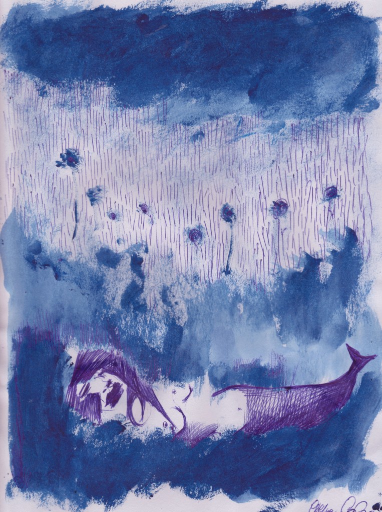 MERMAID ON THE LAWN - 21x29 cm - acrylics and pen on paper